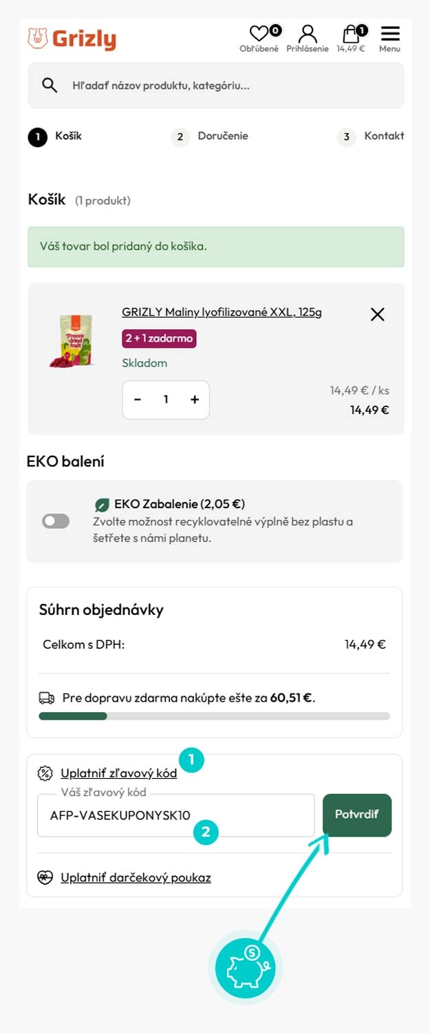 Návod ako uplatniť zľavový kód v košíku e-shopu Grizly