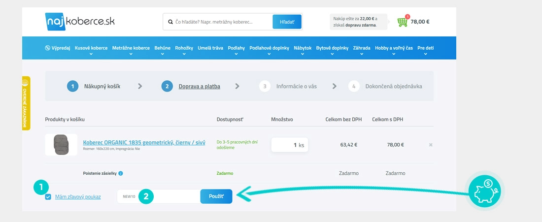 Návod ako uplatniť zľavový kód v košíku e-shopu NajKoberce