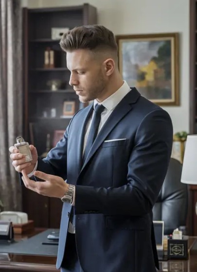 muž v obleku sa chystá nastriekať parfumom