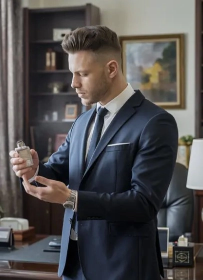 muž v obleku sa chystá nastriekať parfumom