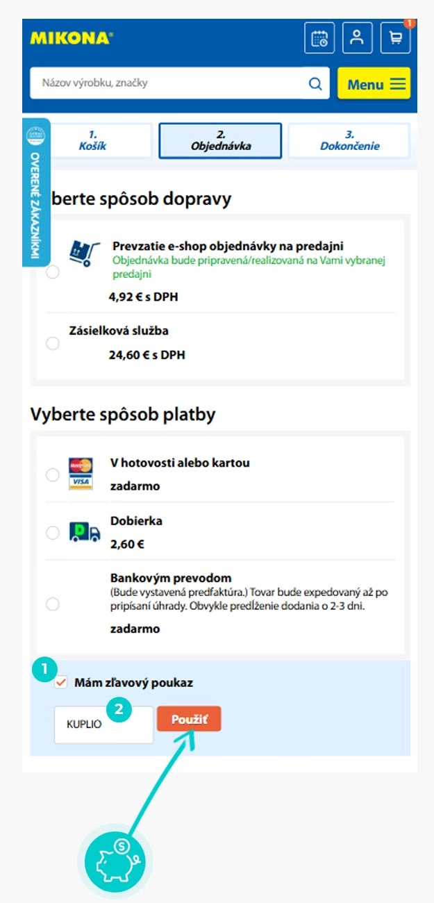 Návod ako uplatniť zľavový kód v košíku e-shopu Mikona