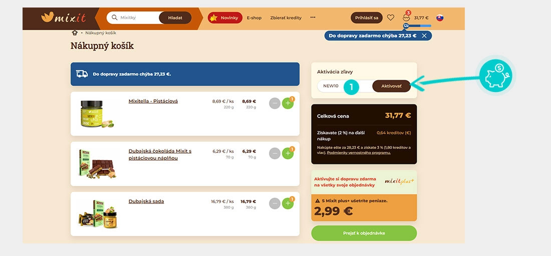 Návod ako uplatniť zľavový kód v košíku e-shopu mixit