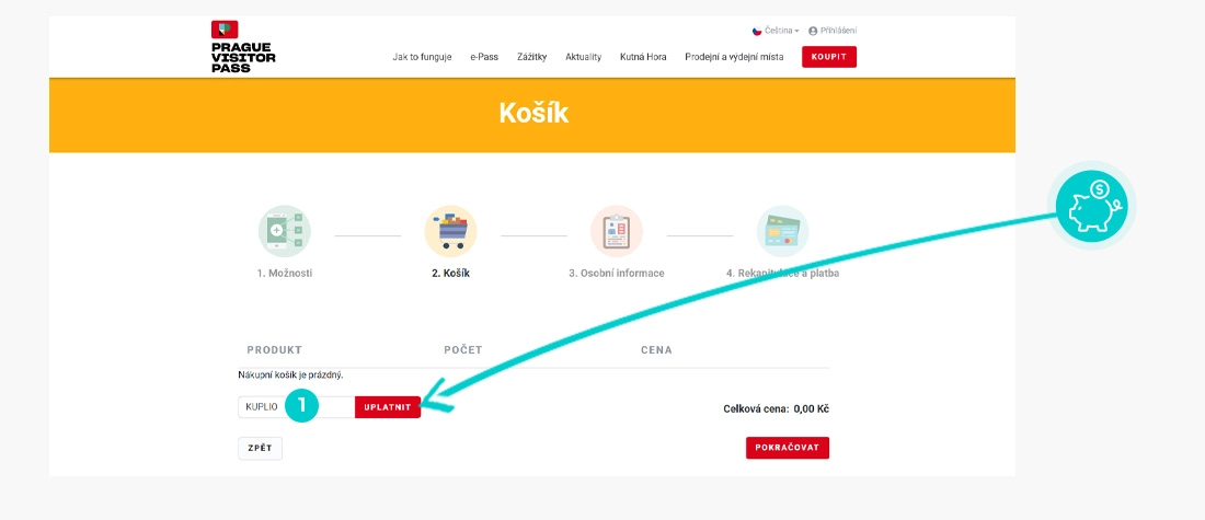 Návod ako uplatniť zľavový kód v košíku e-shopu Prague Visitor Pass