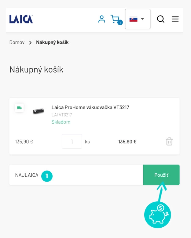 Návod ako uplatniť zľavový kód v košíku e-shopu Laica