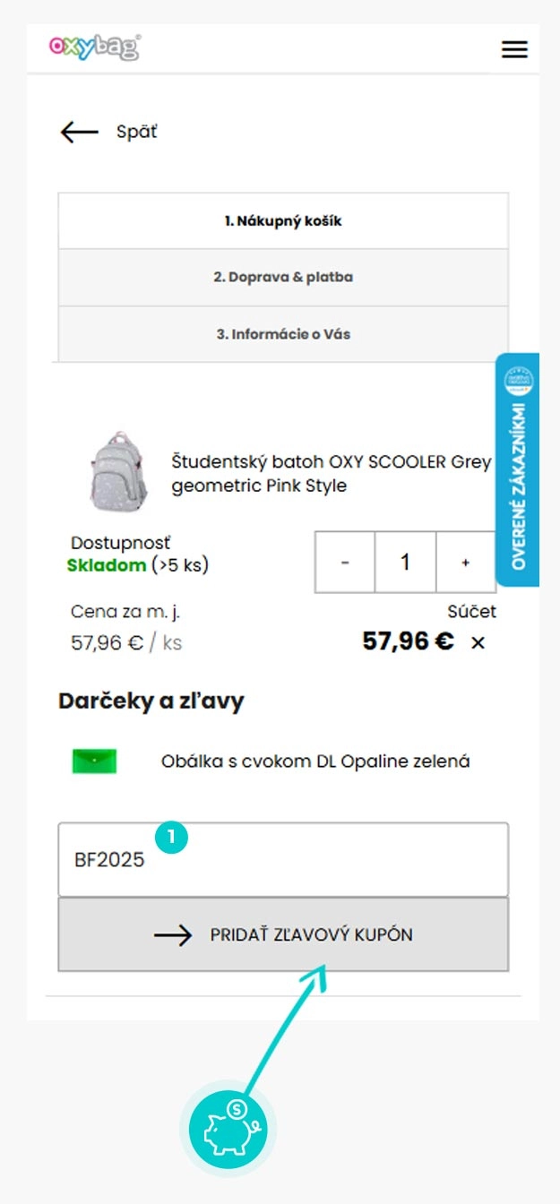 Návod ako uplatniť zľavový kód v košíku e-shopu Oxybag