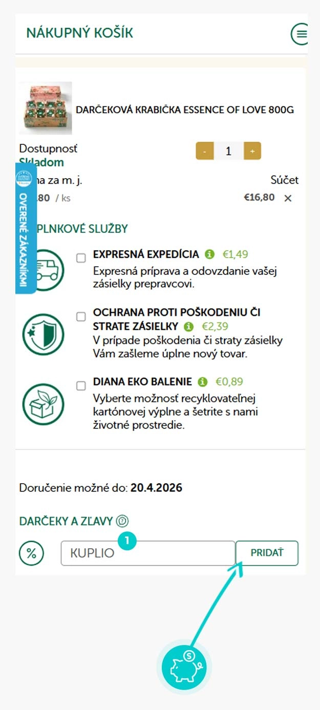 Návod ako uplatniť zľavový kód v košíku e-shopu Diana Company
