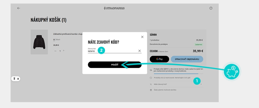 Návod ako uplatniť zľavový kód v košíku e-shopu Stradivarius