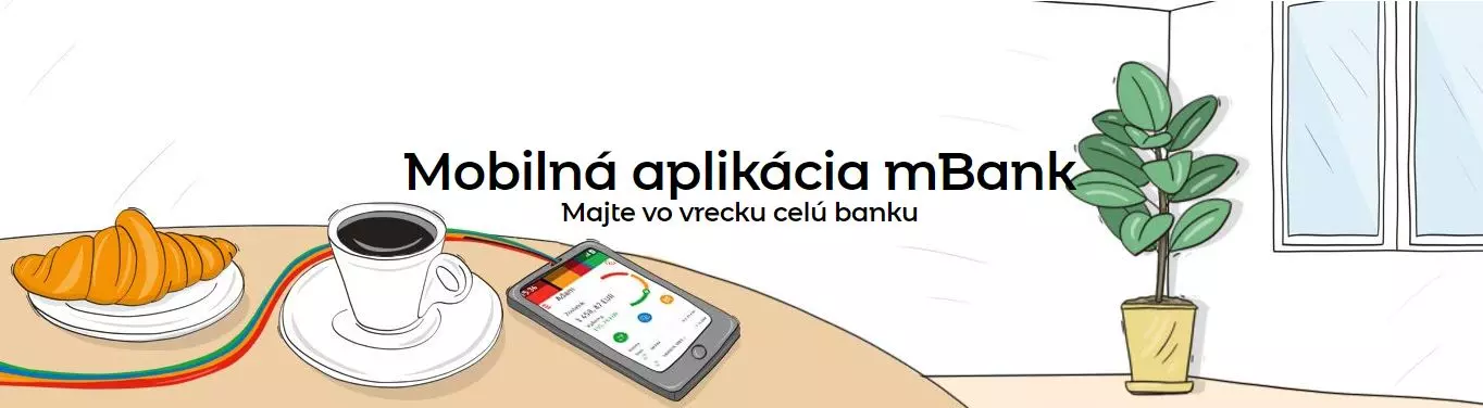 mbank - ilustracia mobilu kavy a croisantu na stole a v mobile aplikacia mbank