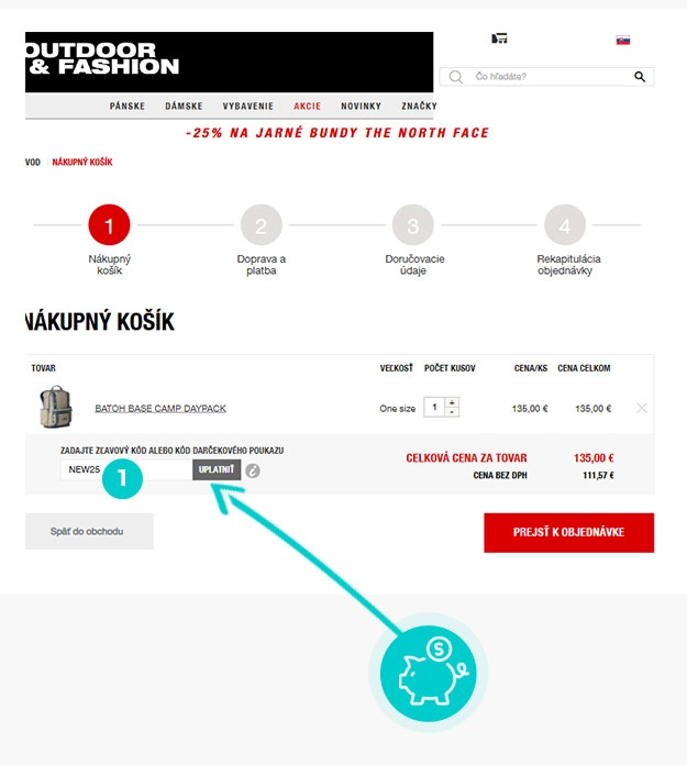 Návod ako uplatniť zľavový kód v košíku e-shopu Outdoor-Fashion