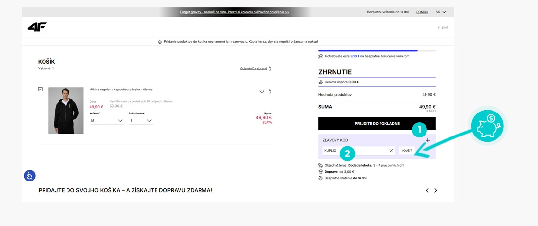 Návod ako uplatniť zľavový kód v košíku e-shopu 4F