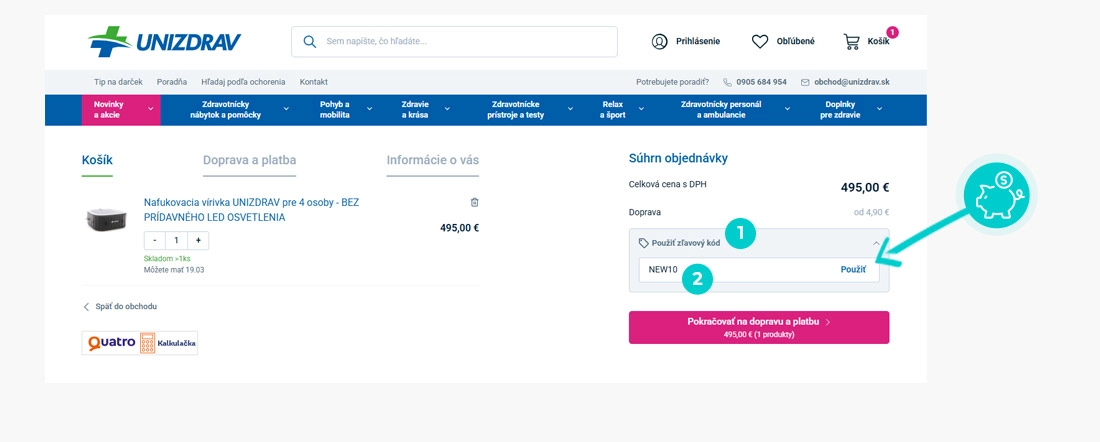 Návod ako uplatniť zľavový kód v košíku e-shopu Unizdrav