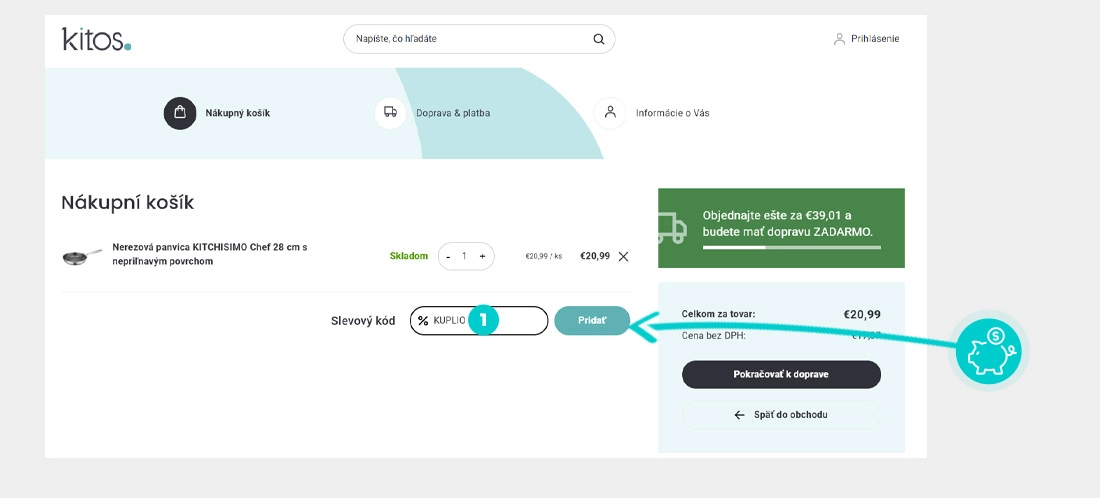 Návod ako uplatniť zľavový kód v košíku e-shopu Kitos