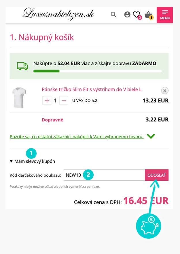 Návod ako uplatniť zľavový kód v košíku e-shopu Luxusnabielizen.sk