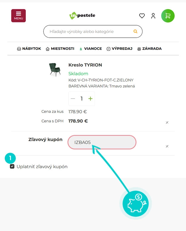 Návod ako uplatniť zľavový kód v košíku e-shopu InPostele