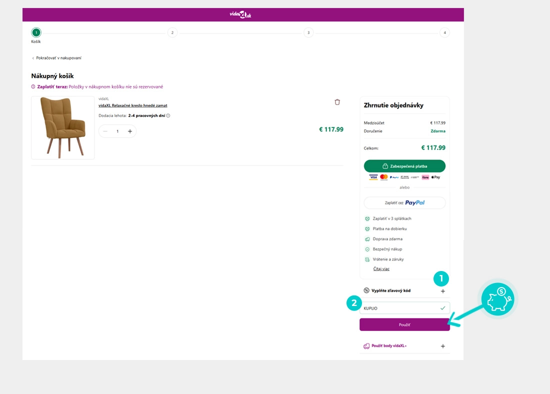 Návod ako uplatniť zľavový kód v košíku e-shopu vidaXL