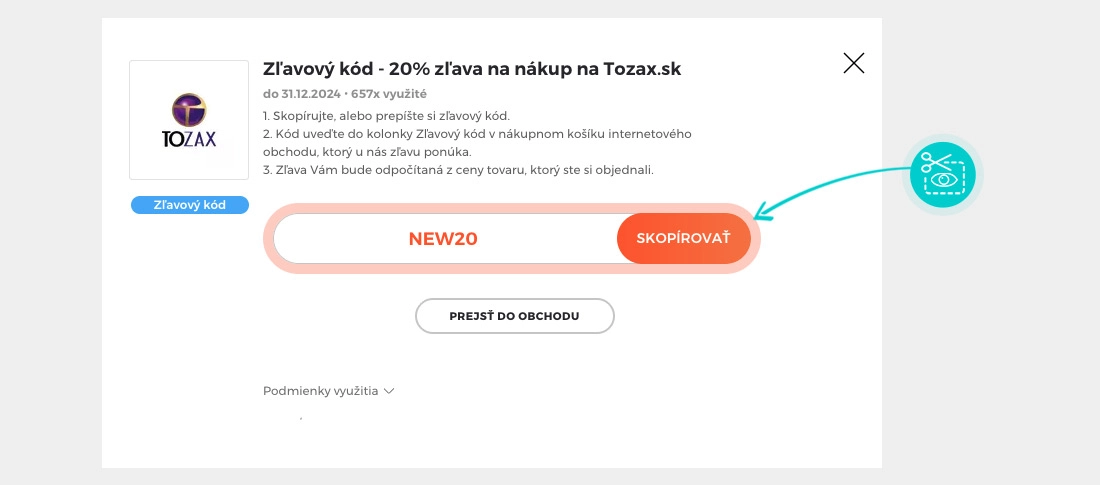 Návod ako skopírovať zľavový kód Tozax