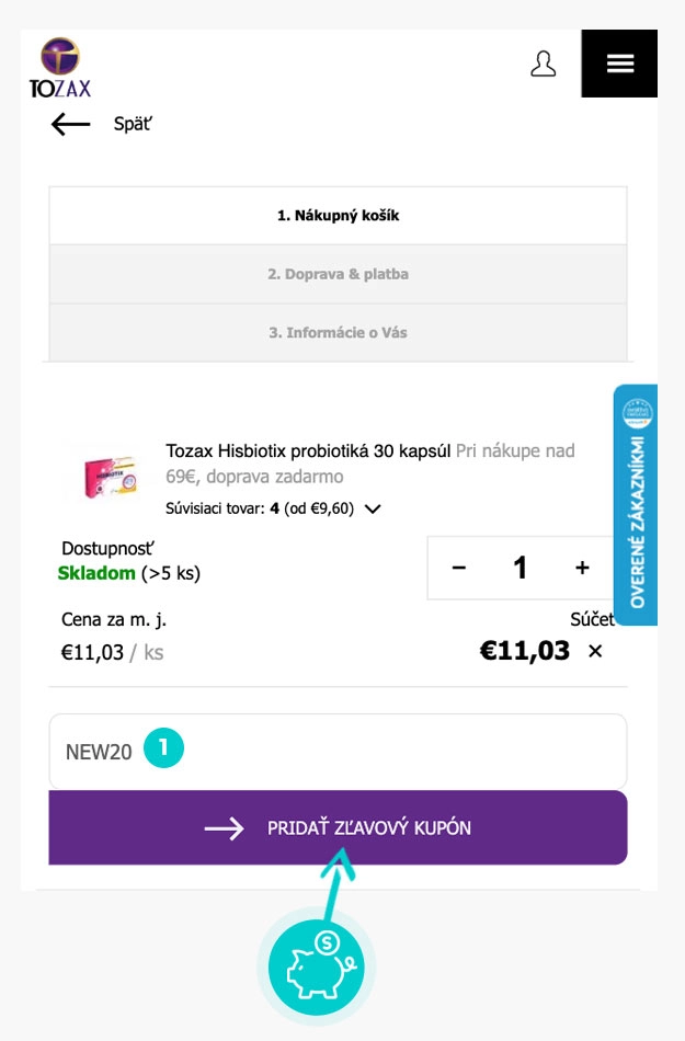 Návod ako uplatniť zľavový kód v košíku e-shopu Tozax