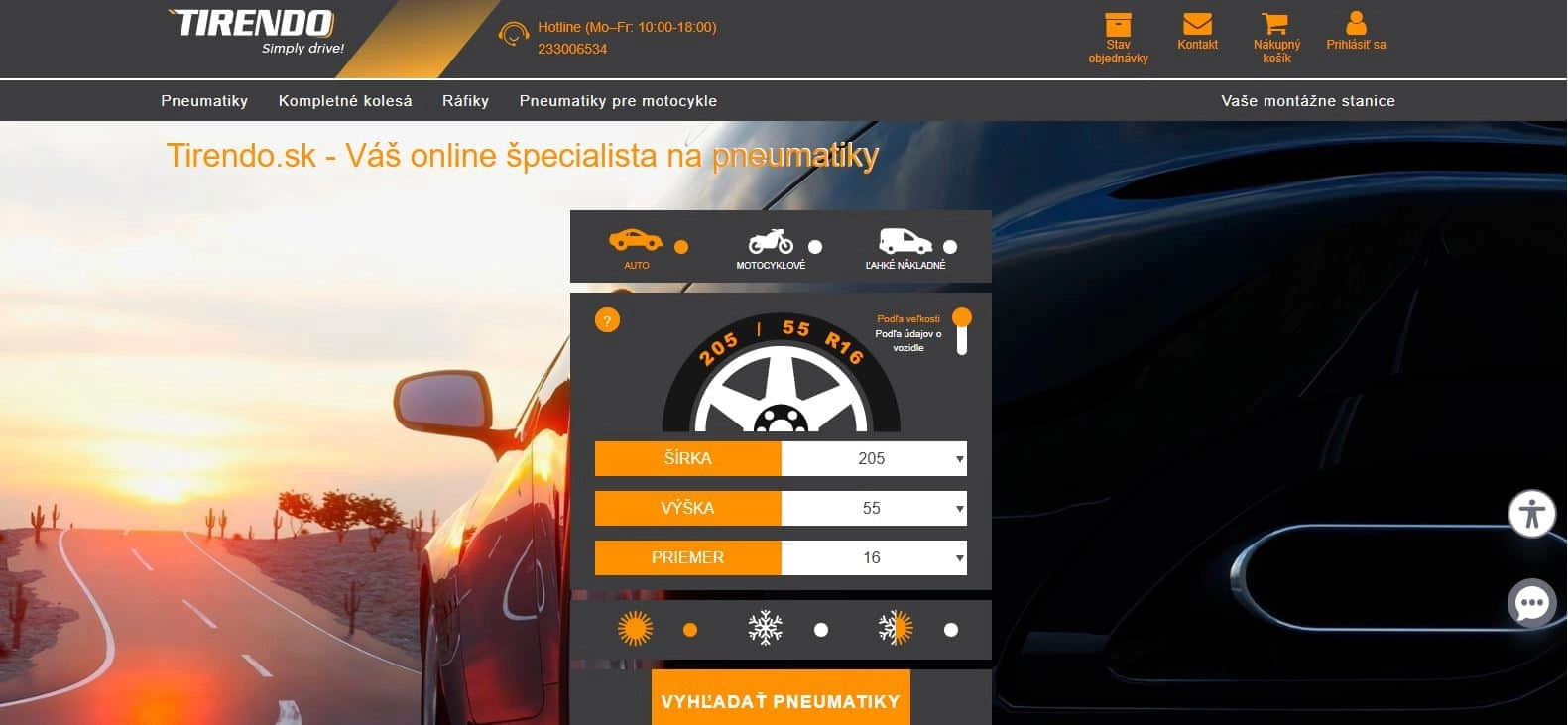 homepage Tirendo - auto pri západe slnka
