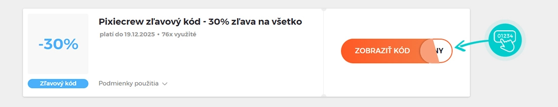Ukážka zľavového kódu pixie crew