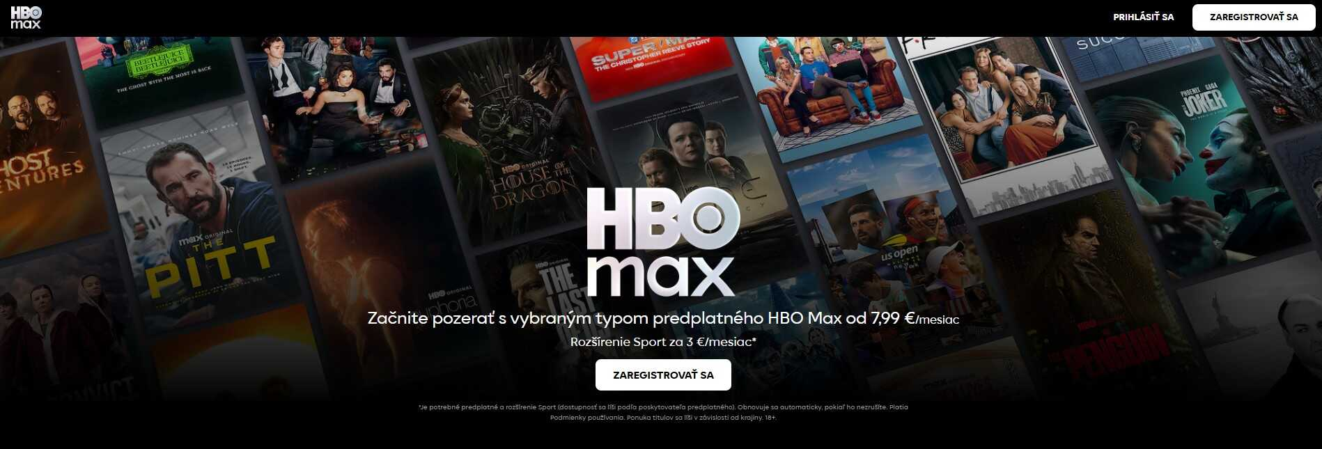 homepage HBO Max s ponukou filmov a seriálov