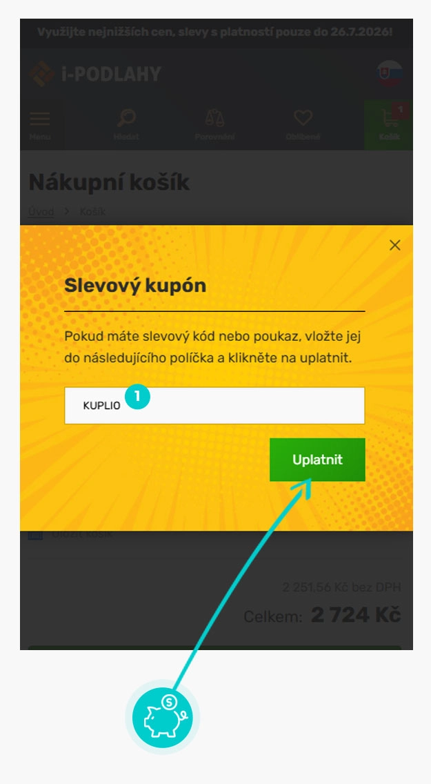 Návod ako uplatniť zľavový kód v košíku e-shopu i-Podlahy