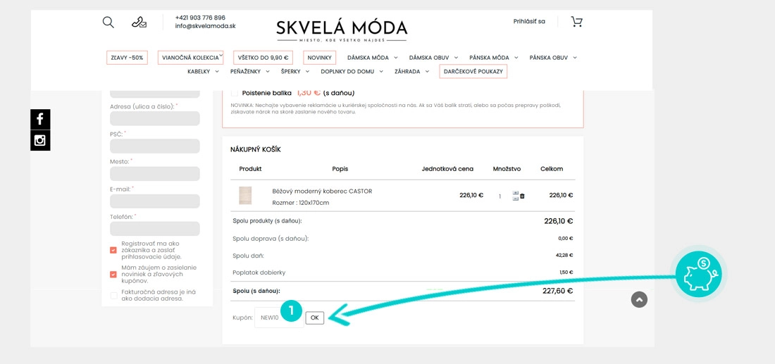 Návod ako uplatniť zľavový kód v košíku e-shopu Skvelá Móda
