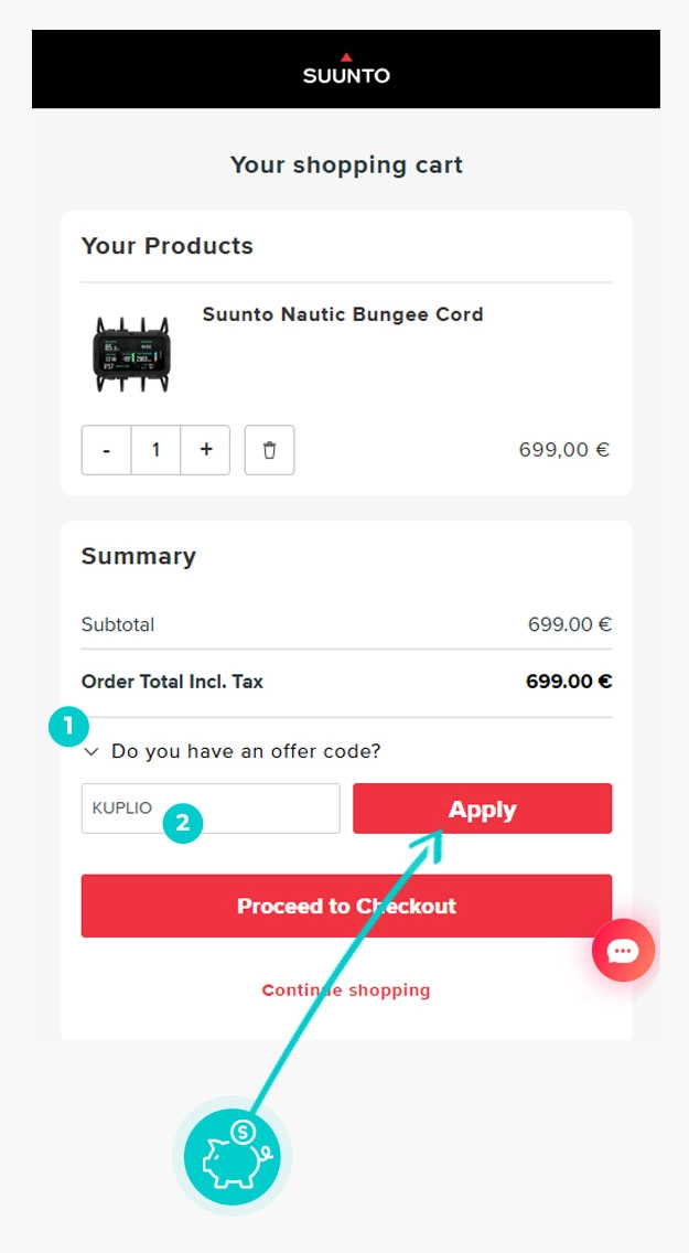 Návod ako uplatniť zľavový kód v košíku e-shopu Suunto