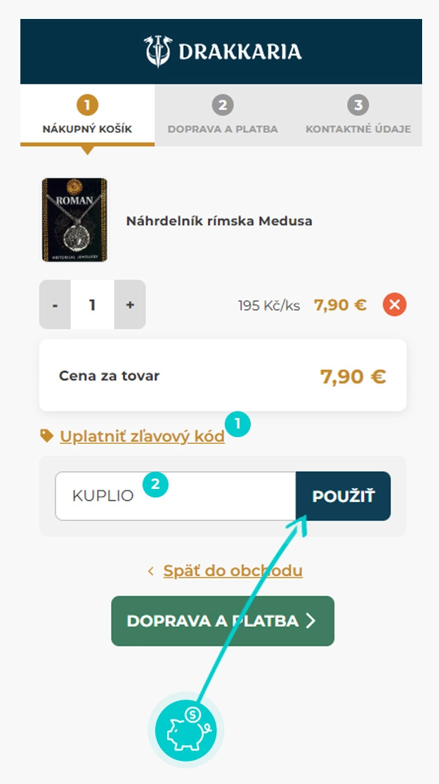 Návod ako uplatniť zľavový kód v košíku e-shopu Drakkaria