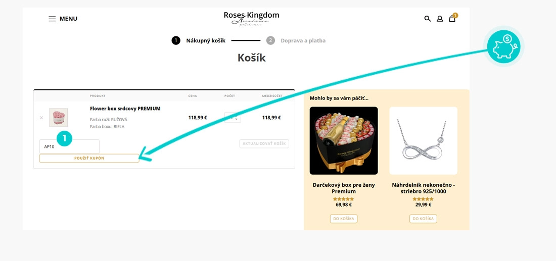 Návod ako uplatniť zľavový kód v košíku e-shopu Roses Kingdom