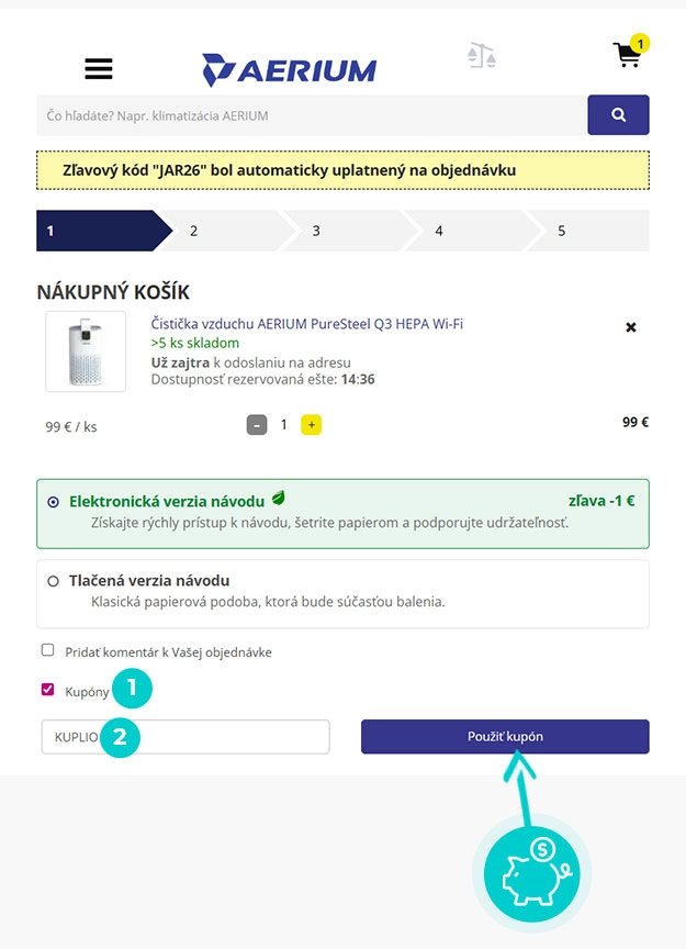 Návod ako uplatniť zľavový kód v košíku e-shopu Aerium