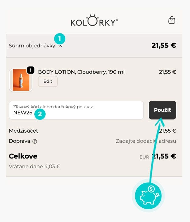 Návod ako uplatniť zľavový kód v košíku e-shopu Kolorky