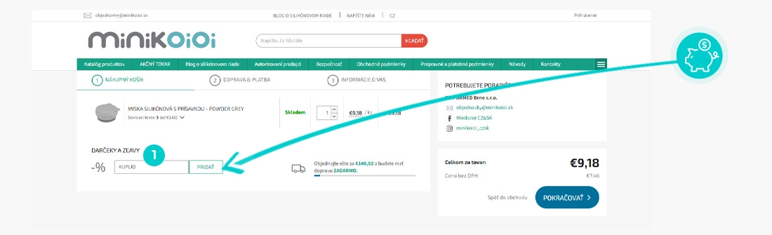 Návod ako uplatniť zľavový kód v košíku e-shopu Minikoioi