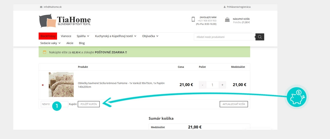 Návod ako uplatniť zľavový kód v košíku e-shopu Tia Home