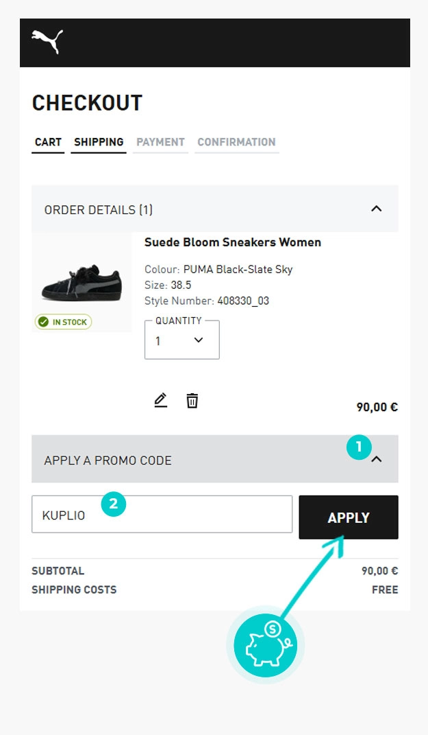 Návod ako uplatniť zľavový kód v košíku e-shopu Puma