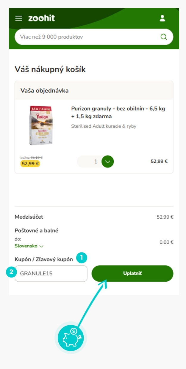 Návod ako uplatniť zľavový kód v košíku e-shopu Zoohit