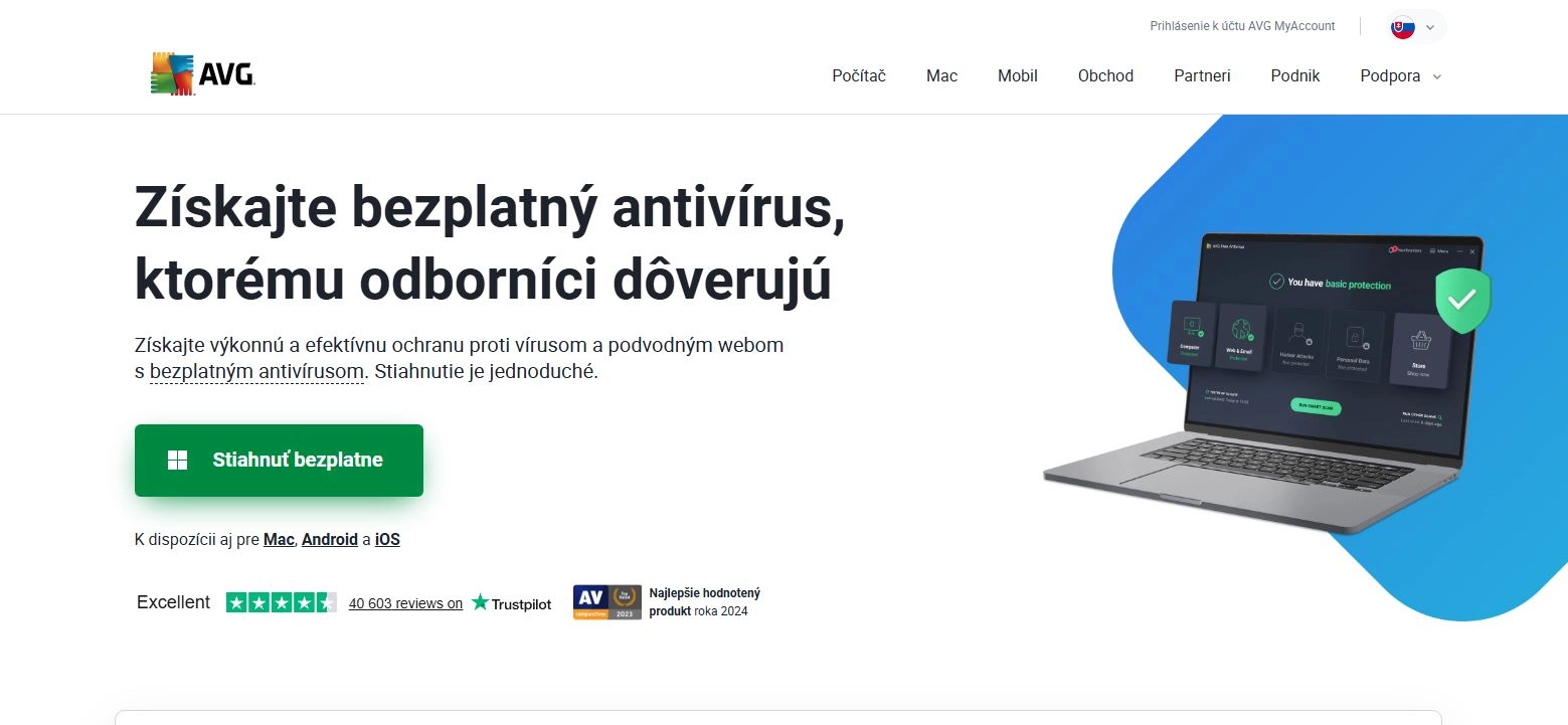 screen homepage AVG - notebook s modrým pozadím