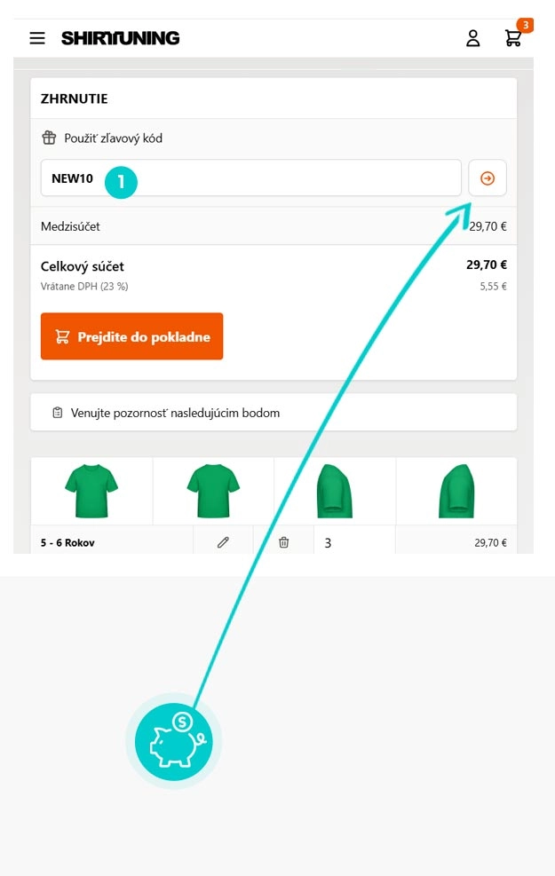 Návod ako uplatniť zľavový kód v košíku e-shopu Shirttuning