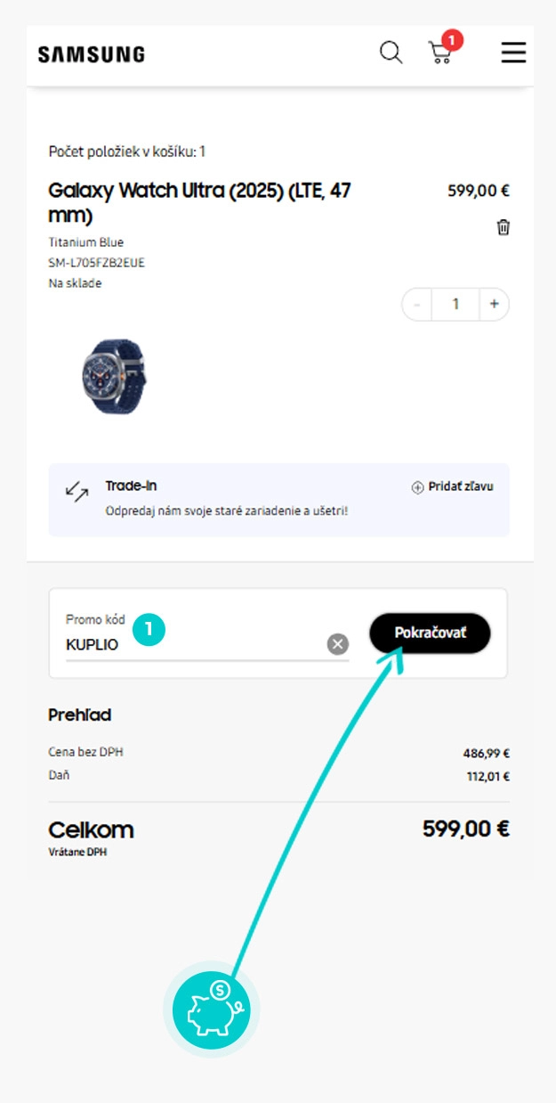 Návod ako uplatniť zľavový kód v košíku e-shopu Samsung