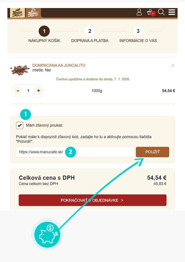 Návod ako uplatniť zľavový kód v košíku e-shopu ManuCafe
