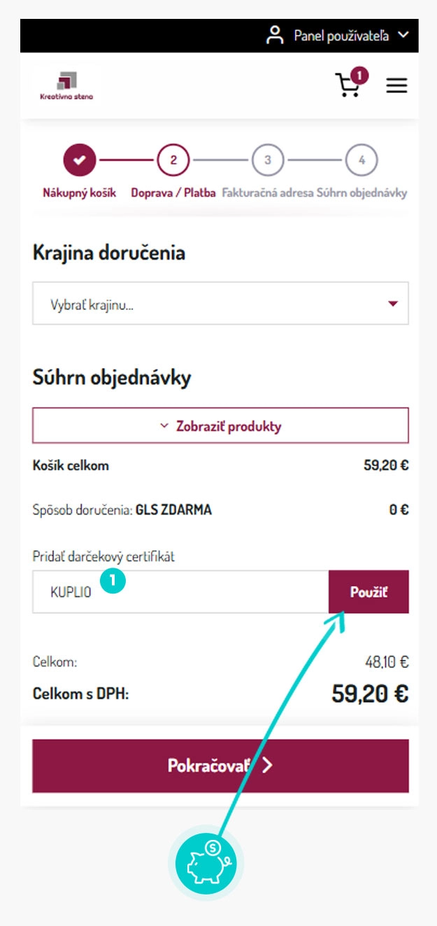 Návod ako uplatniť zľavový kód v košíku e-shopu Kreatívna stena