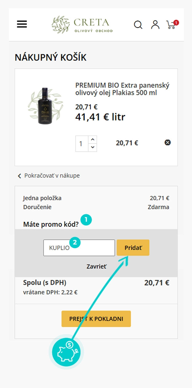 Návod ako uplatniť zľavový kód v košíku e-shopu CRETAmart
