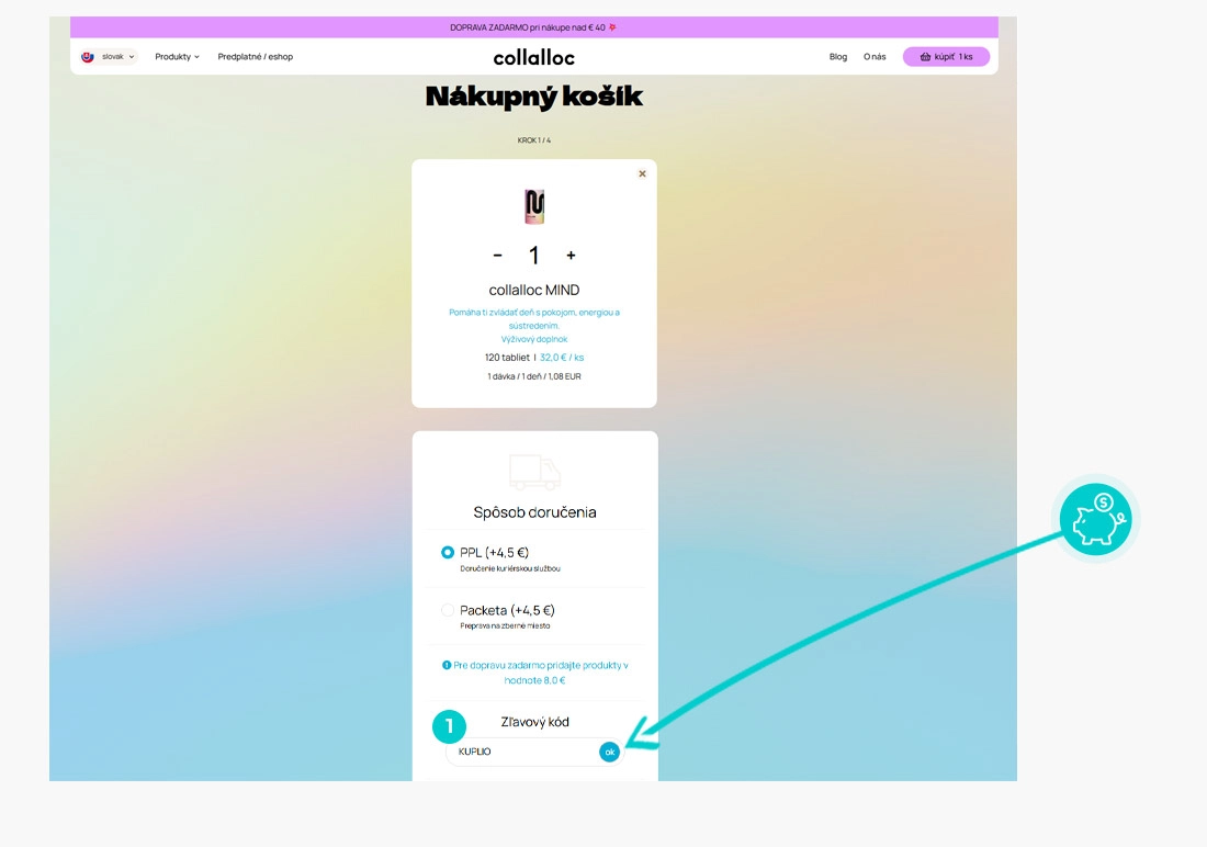 Návod ako uplatniť zľavový kód v košíku e-shopu Collaloc