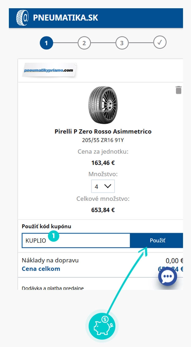 Návod ako uplatniť zľavový kód v košíku e-shopu Pneumatika.sk