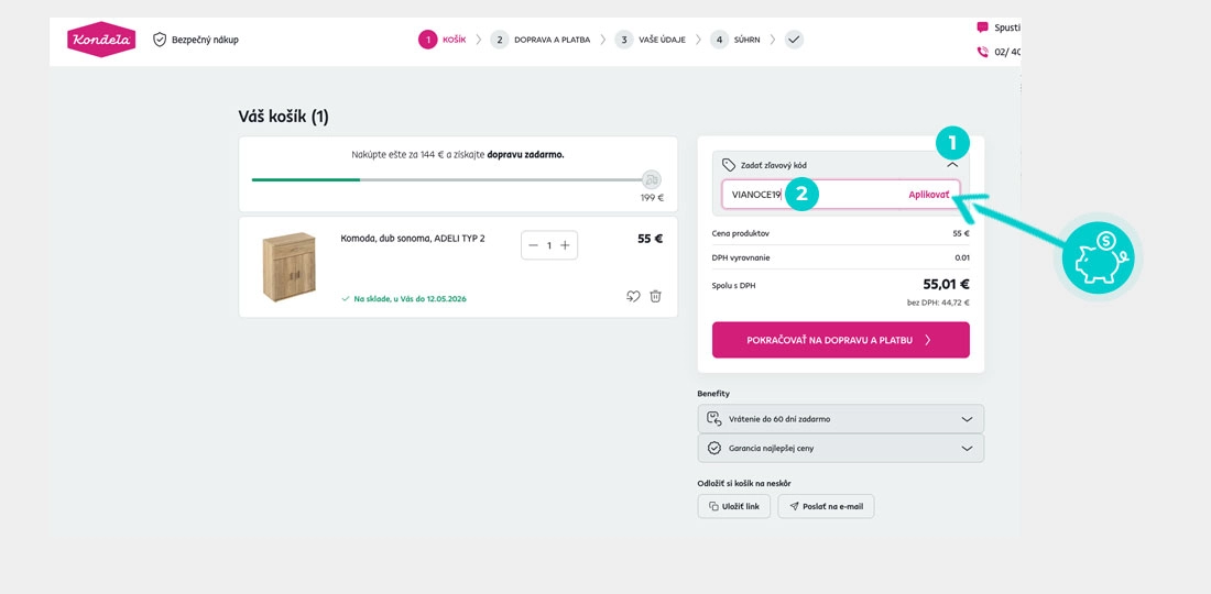 Návod ako uplatniť zľavový kód v košíku e-shopu Kondela