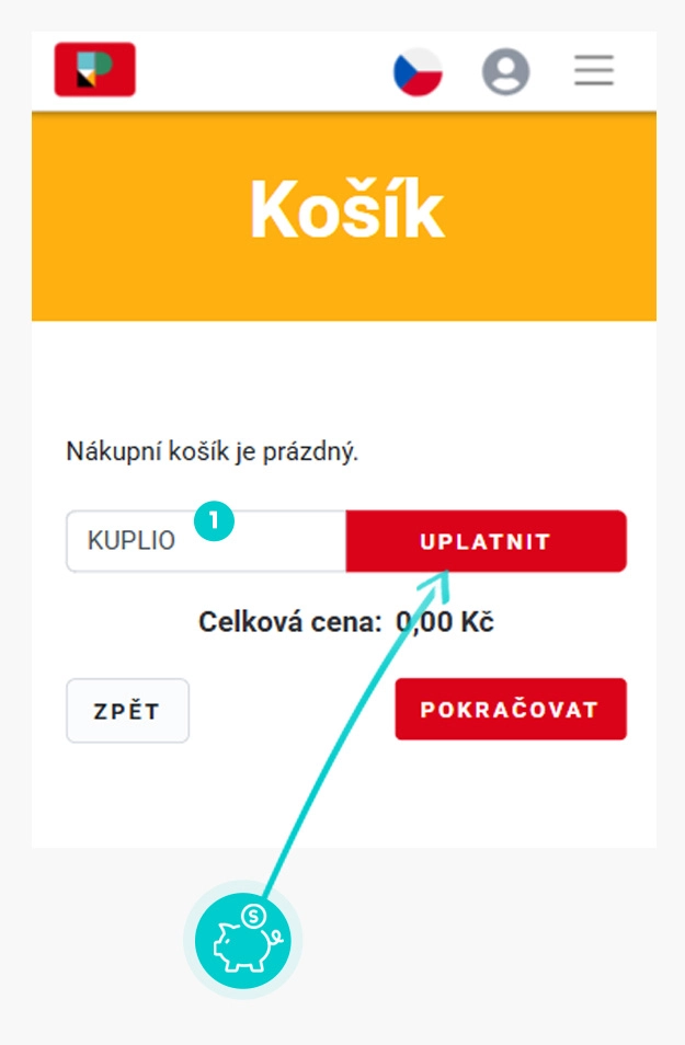 Návod ako uplatniť zľavový kód v košíku e-shopu Prague Visitor Pass