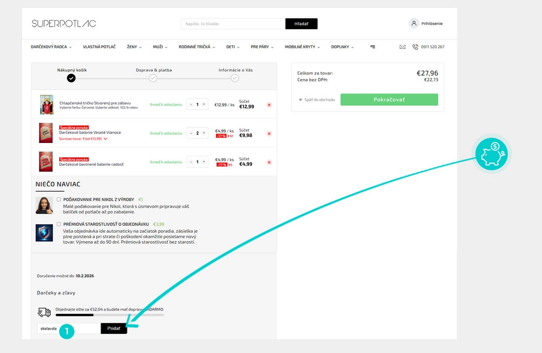 Návod ako uplatniť zľavový kód v košíku e-shopu SuperPotlac