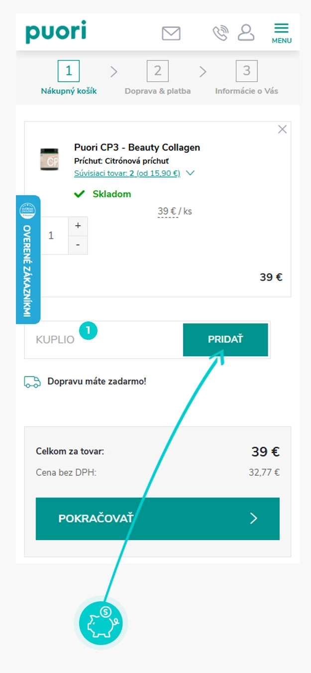 Návod ako uplatniť zľavový kód v košíku e-shopu Puori