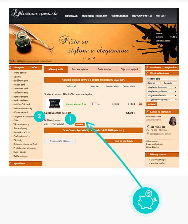 Návod ako uplatniť zľavový kód v košíku e-shopu Luxusne-pera
