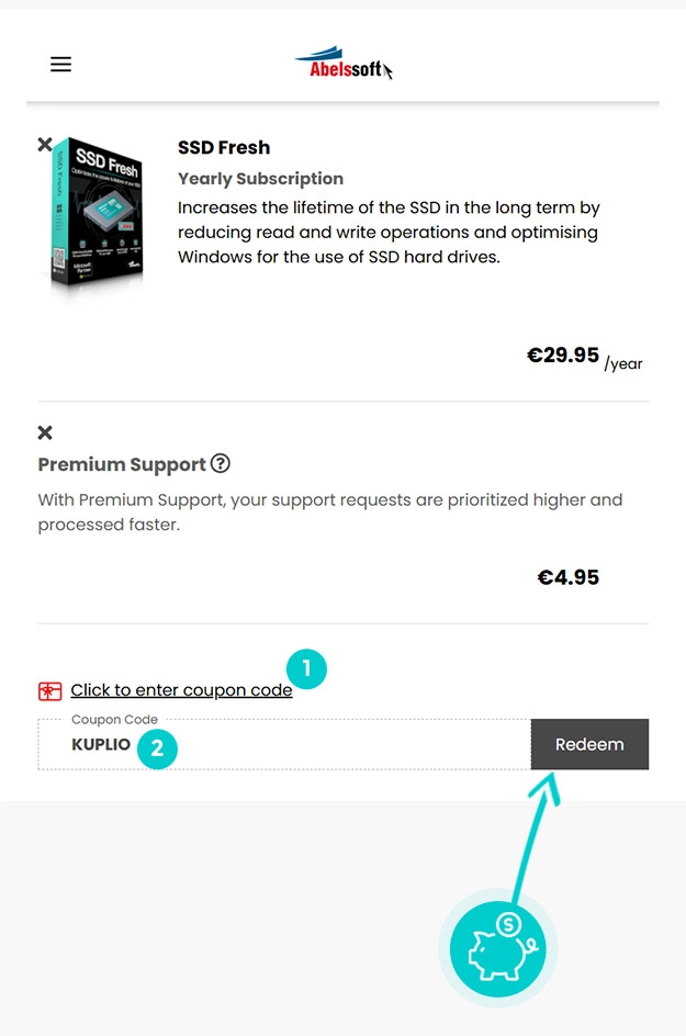 Návod ako uplatniť zľavový kód v košíku e-shopu Abelssoft