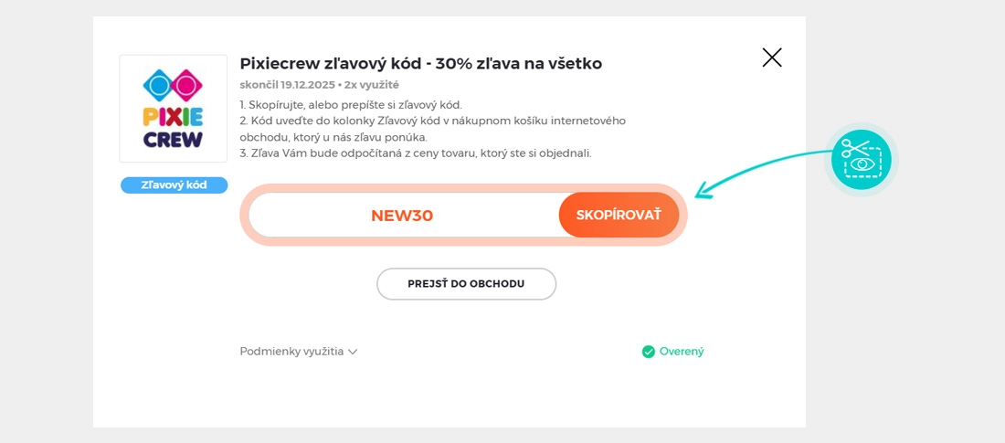 Návod ako skopírovať zľavový kód pixie crew